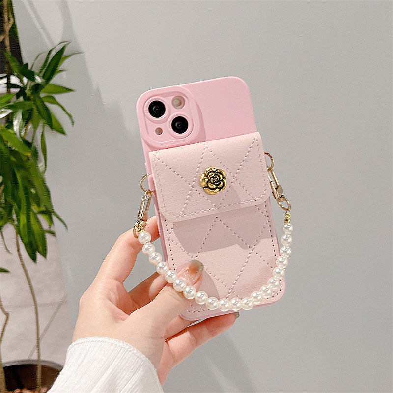 Camellia Pearl Chain Card Holder Phone Case