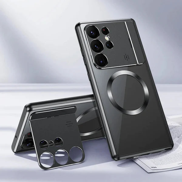 Metallrahmen, zusammenklappbarer Objektivhalter mit Schloss, magnetisches Aufladen, transparente Handyhülle für Samsung