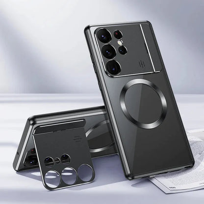 Metallrahmen, zusammenklappbarer Objektivhalter mit Schloss, magnetisches Aufladen, transparente Handyhülle für Samsung