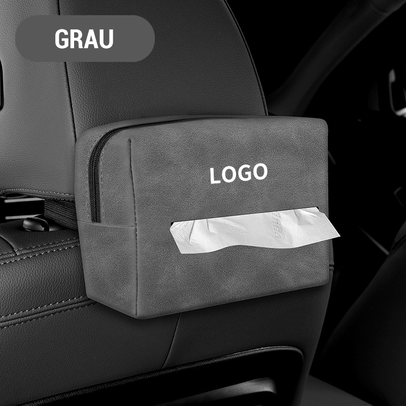 An der Rückenlehne eines Autositzes montierte Taschentuchbox/Suede car tissue box
