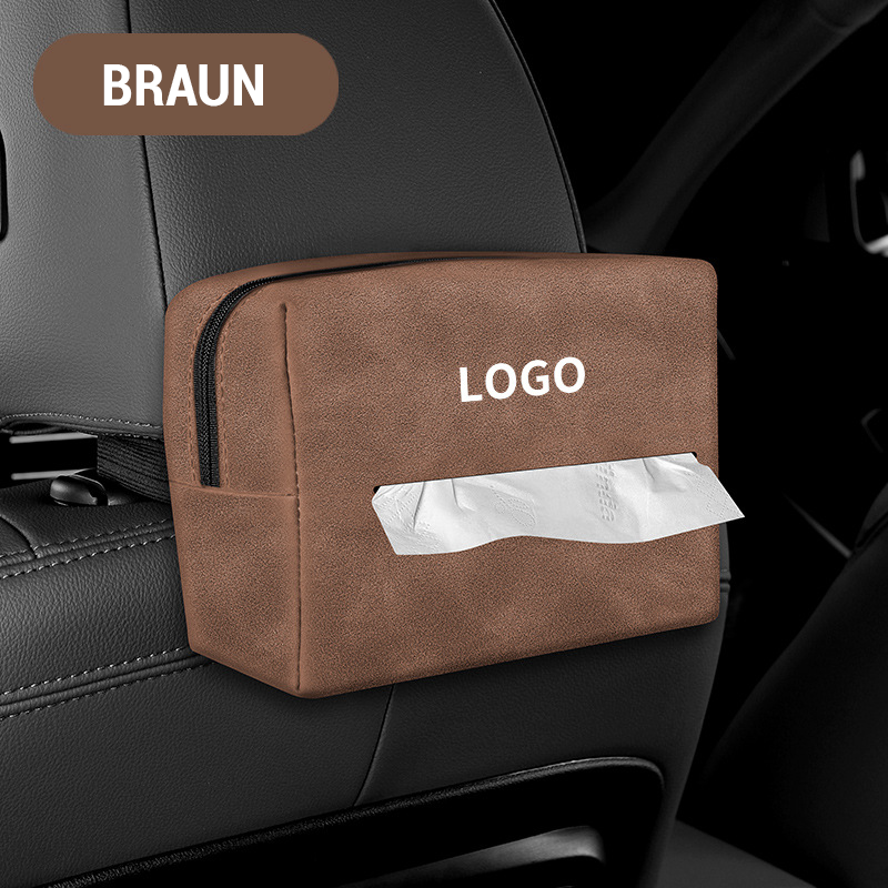 An der Rückenlehne eines Autositzes montierte Taschentuchbox/Suede car tissue box