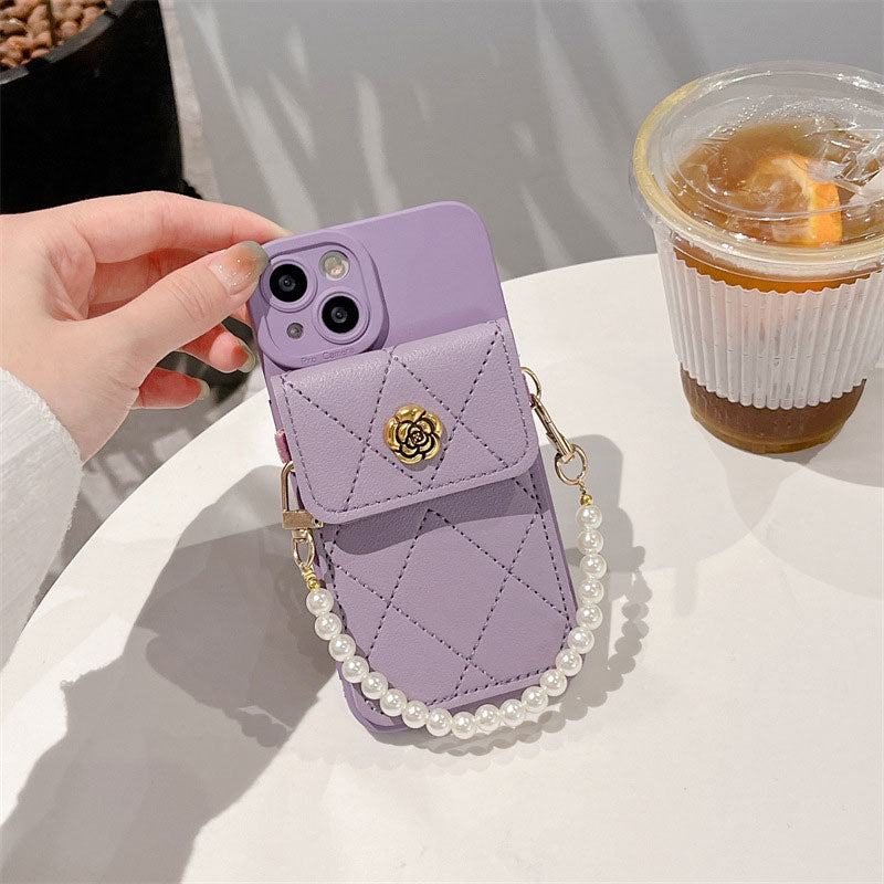 Camellia Pearl Chain Card Holder Phone Case