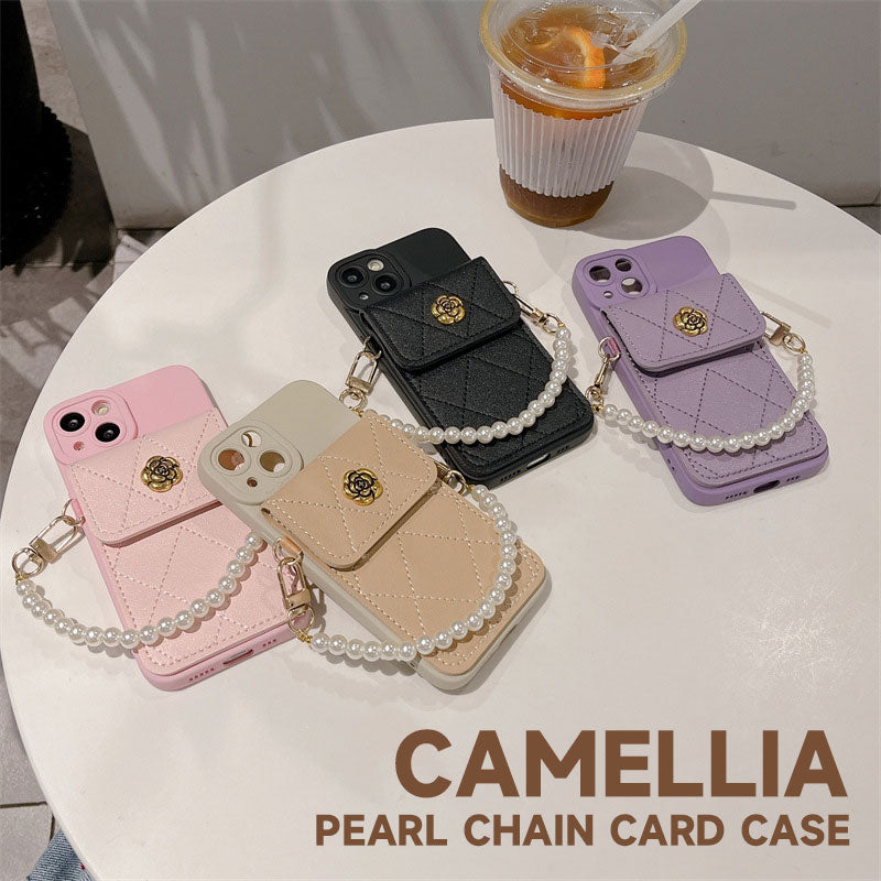 Camellia Pearl Chain Card Holder Phone Case