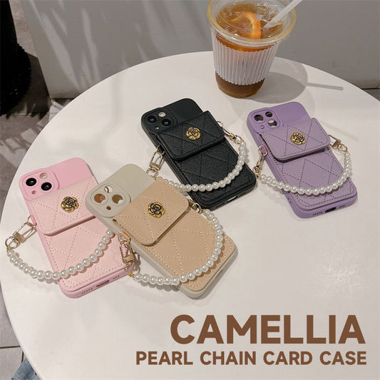 Camellia Pearl Chain Card Holder Phone Case