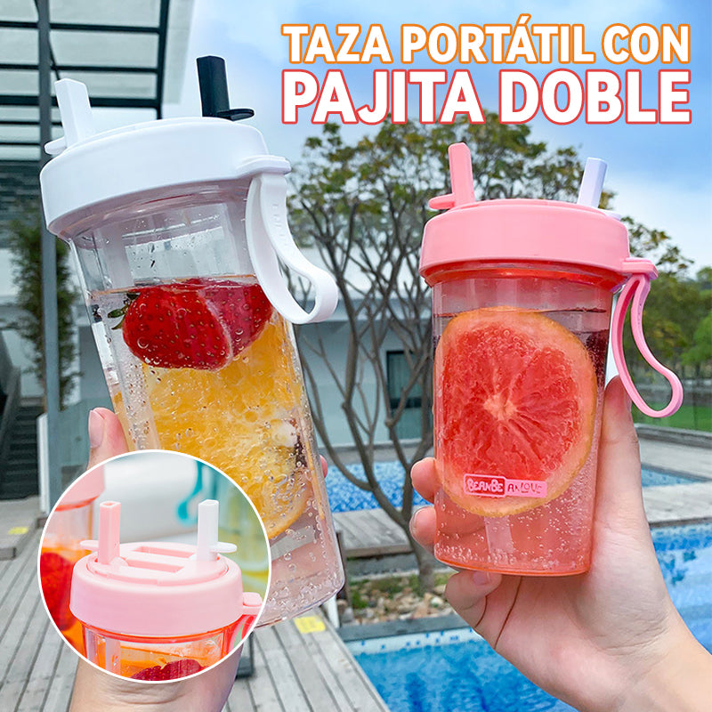 Taza Portátil Con Pajita Doble./Portable cup with double straw