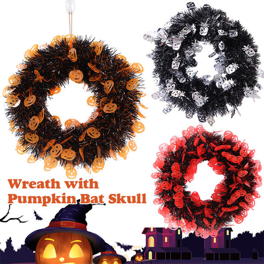 Wreath with Pumpkin Bat Skull