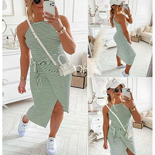 Striped Sleeveless Halterneck Dress