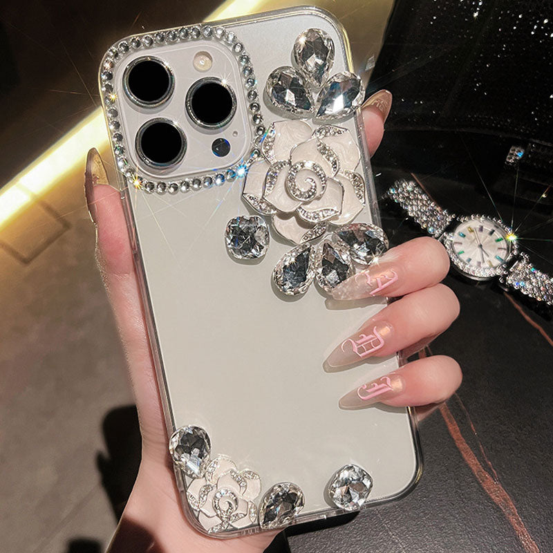Transparent Silicone Camellia Rhinestone Phone Case