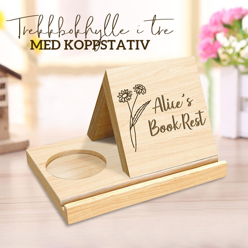 Trekkbokhylle i tre med koppstativ