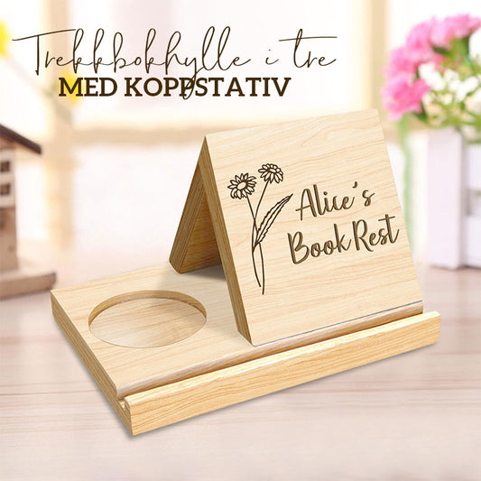 Trekkbokhylle i tre med koppstativ