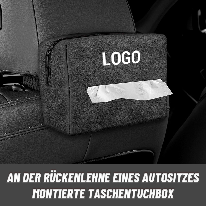 An der Rückenlehne eines Autositzes montierte Taschentuchbox/Suede car tissue box