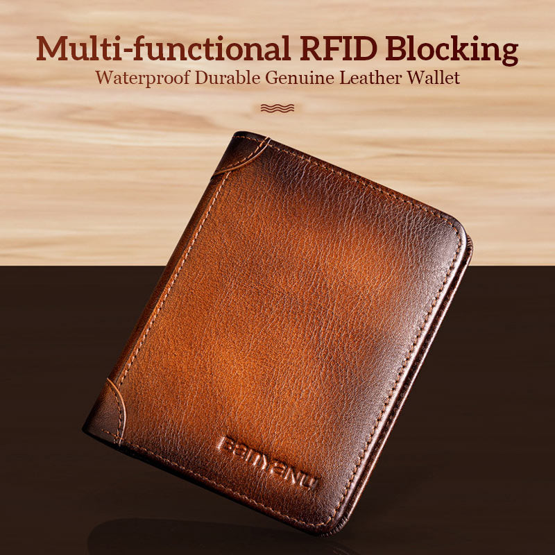 Multi-functional RFID Blocking Waterproof Durable Genuine Leather Wallet
