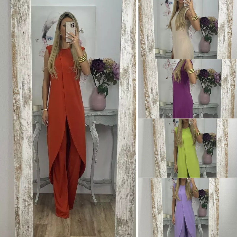 Ladies Sleeveless Round Neck Slit Top Trousers Two-Piece Set