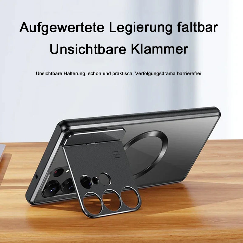 Metallrahmen, zusammenklappbarer Objektivhalter mit Schloss, magnetisches Aufladen, transparente Handyhülle für Samsung