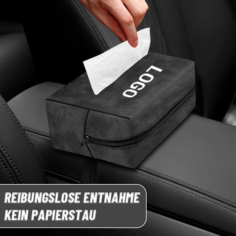 An der Rückenlehne eines Autositzes montierte Taschentuchbox/Suede car tissue box