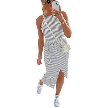 Striped Sleeveless Halterneck Dress