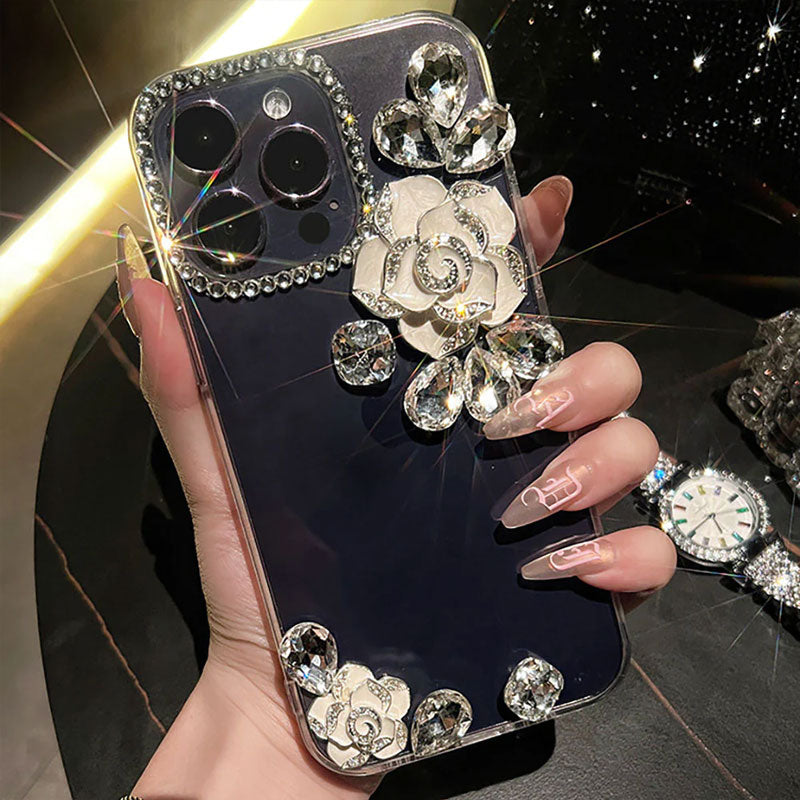 Transparent Silicone Camellia Rhinestone Phone Case