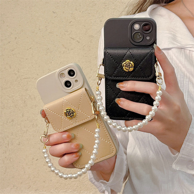 Camellia Pearl Chain Card Holder Phone Case