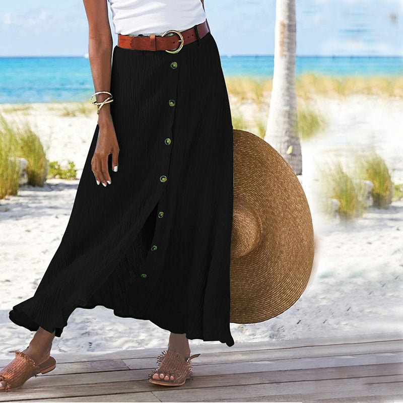 Women's Cotton Linen Pleated Midi Skirt