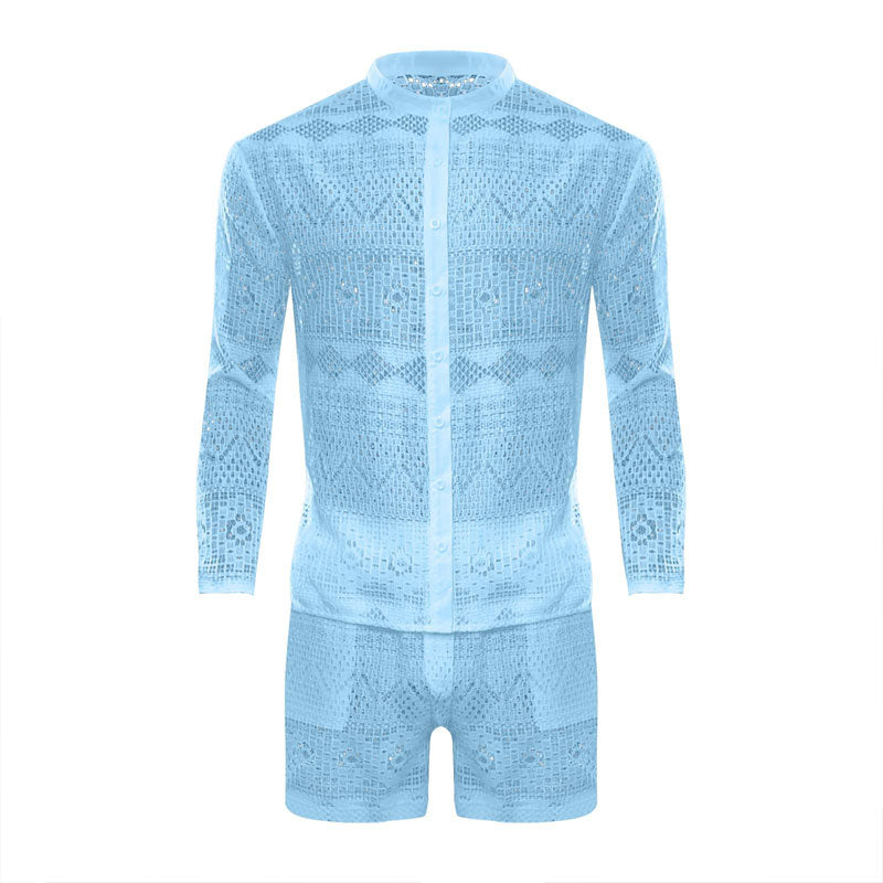 Hollow Long Sleeve Shirt Casual Shorts Fashion Men's Suit