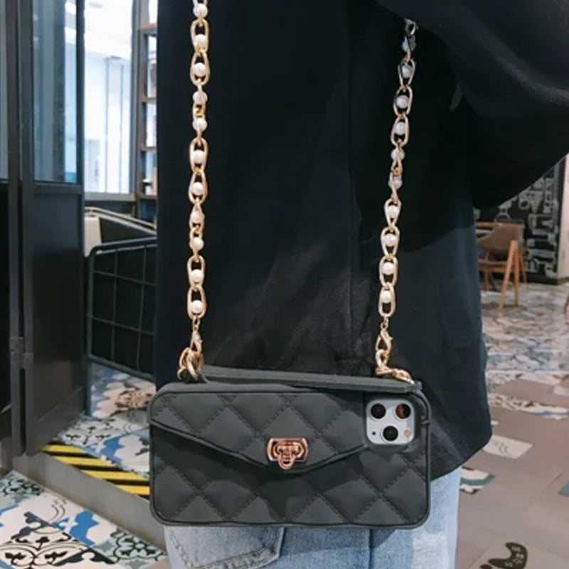 Women's Soft Silicone Chain Tote Case with Hand Strap and Long Pearl Crossbody Chain