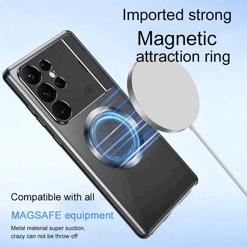 Metallrahmen, zusammenklappbarer Objektivhalter mit Schloss, magnetisches Aufladen, transparente Handyhülle für Samsung