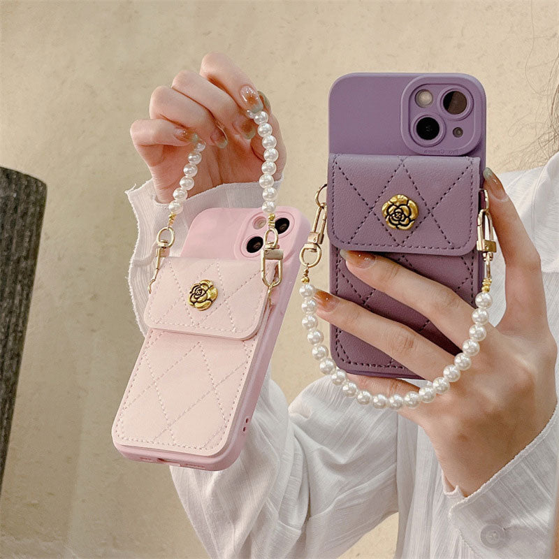 Camellia Pearl Chain Card Holder Phone Case