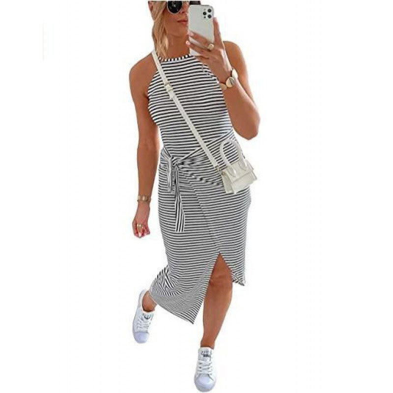 Striped Sleeveless Halterneck Dress