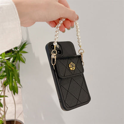 Camellia Pearl Chain Card Holder Phone Case