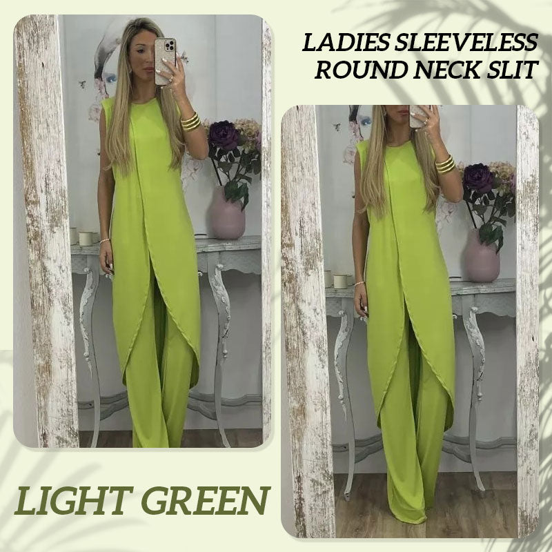 Ladies Sleeveless Round Neck Slit Top Trousers Two-Piece Set