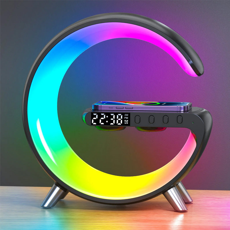 🎅Multifunksjons Bluetooth-Høyttaler - Fargerikt Omgivelseslys Trådløs Ladeklokke Alt-I-Ett-Maskin/Colorful atmosphere light wireless charging clock alarm all-in-one machine