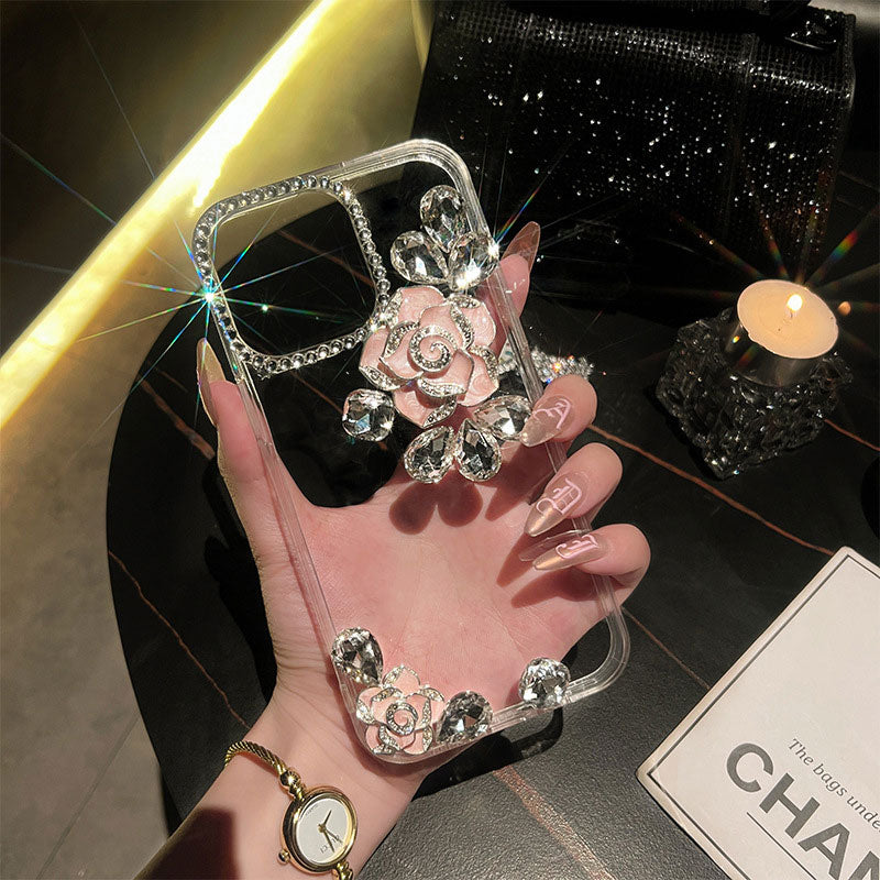 Transparent Silicone Camellia Rhinestone Phone Case