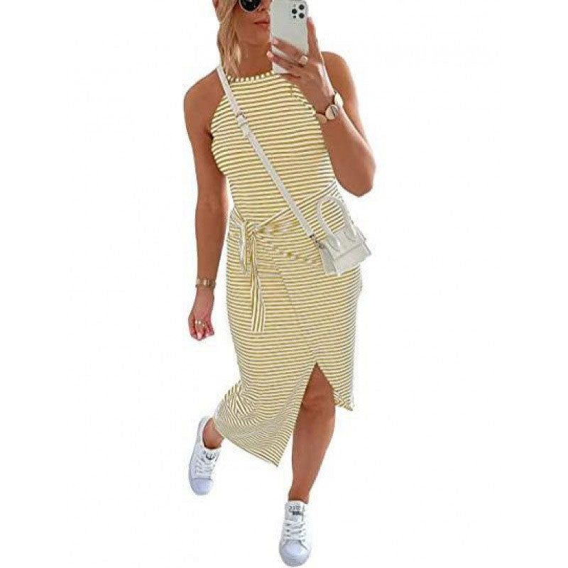 Striped Sleeveless Halterneck Dress