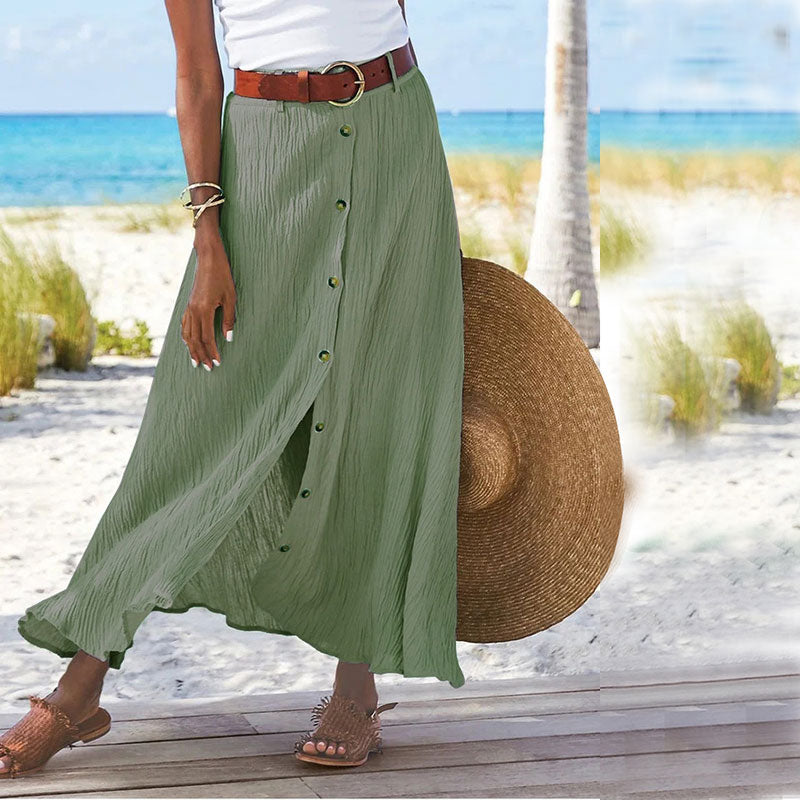 Women's Cotton Linen Pleated Midi Skirt