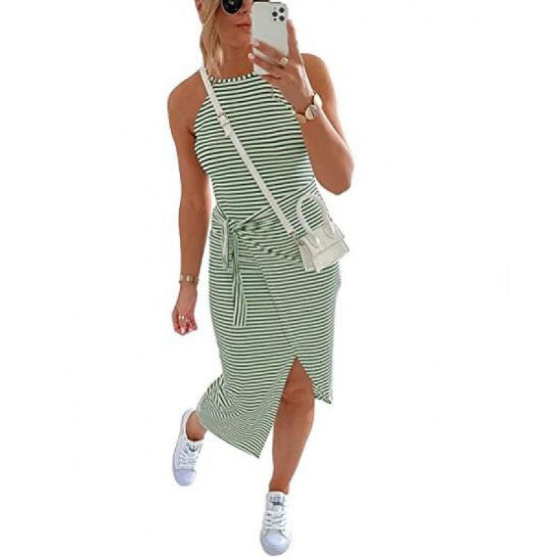 Striped Sleeveless Halterneck Dress