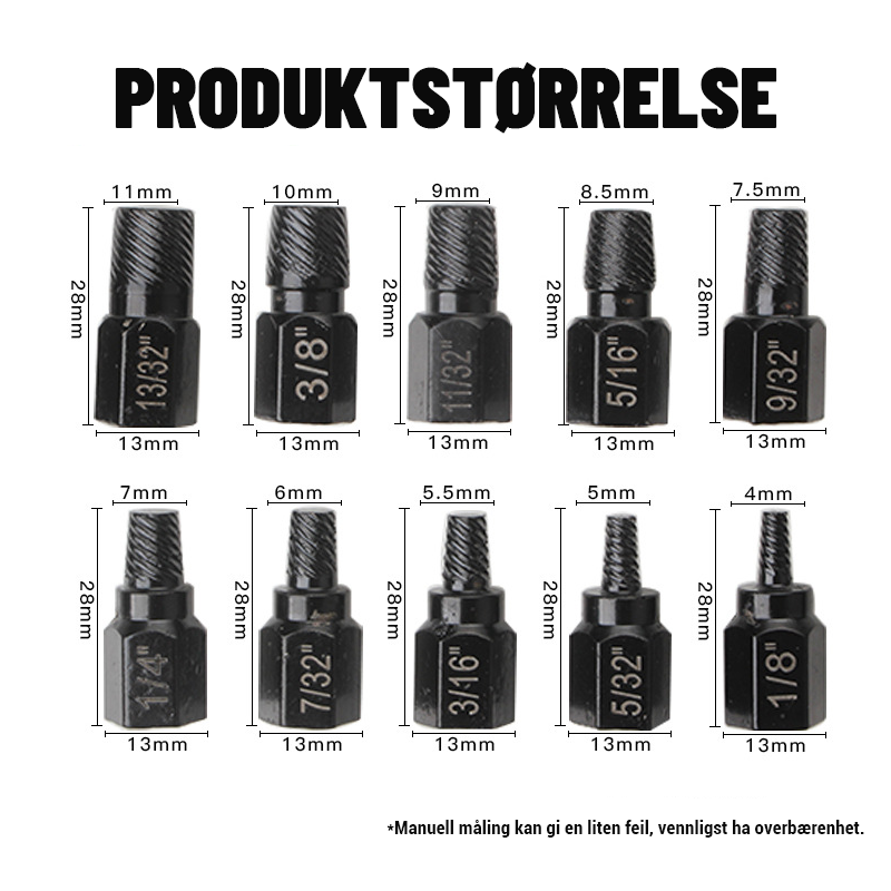 10-Delt Sett Med Verktøy For Fjerning Av Sekskantbolter/10-Piece Hex Bolt Removal Tool Set