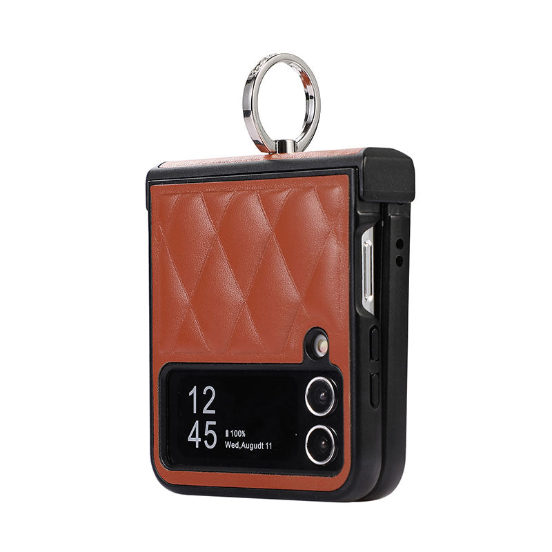 Foldable Check Ring Buckle Leather Phone Case