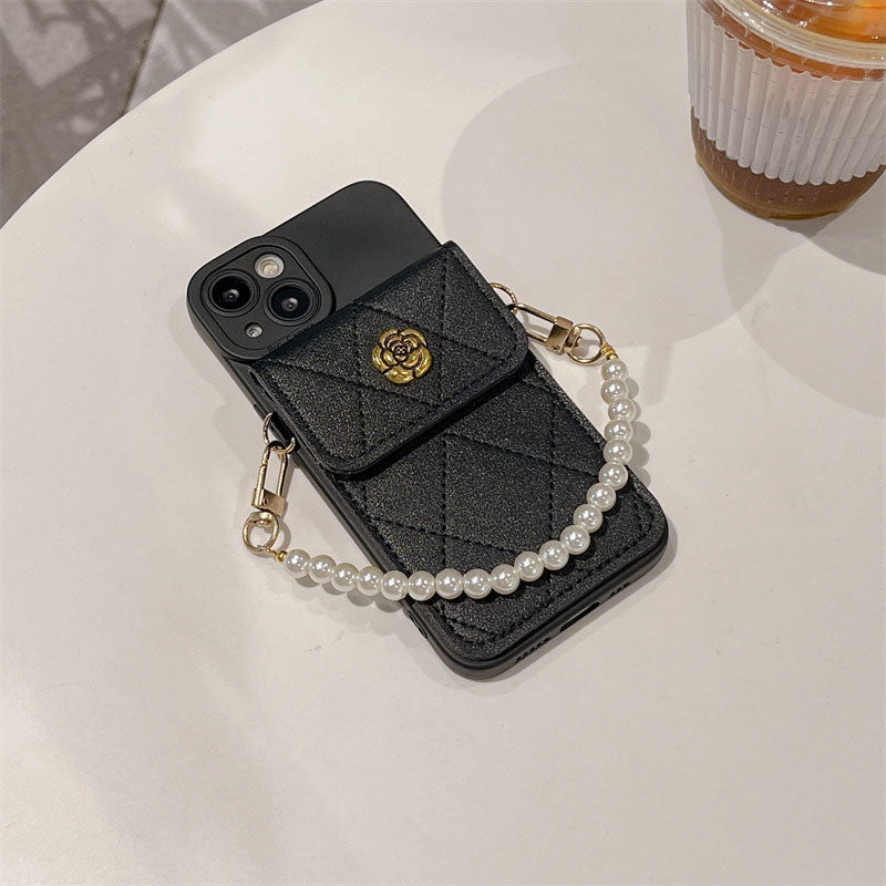 Camellia Pearl Chain Card Holder Phone Case
