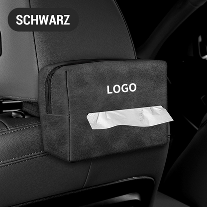 An der Rückenlehne eines Autositzes montierte Taschentuchbox/Suede car tissue box
