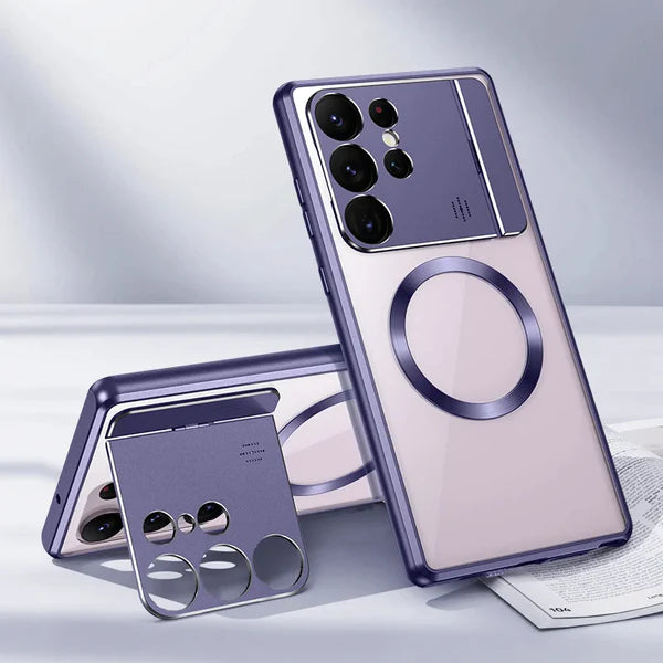 Metallrahmen, zusammenklappbarer Objektivhalter mit Schloss, magnetisches Aufladen, transparente Handyhülle für Samsung