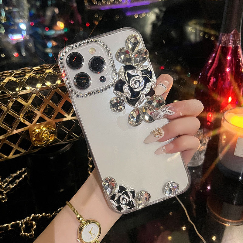 Transparent Silicone Camellia Rhinestone Phone Case