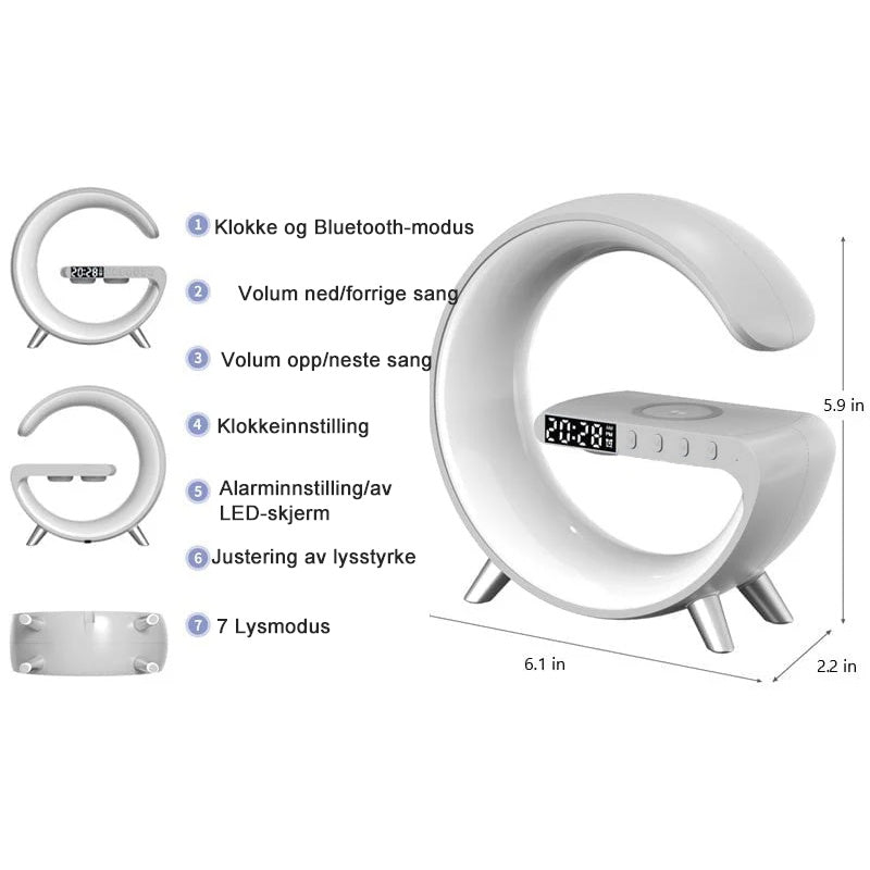 🎅Multifunksjons Bluetooth-Høyttaler - Fargerikt Omgivelseslys Trådløs Ladeklokke Alt-I-Ett-Maskin/Colorful atmosphere light wireless charging clock alarm all-in-one machine