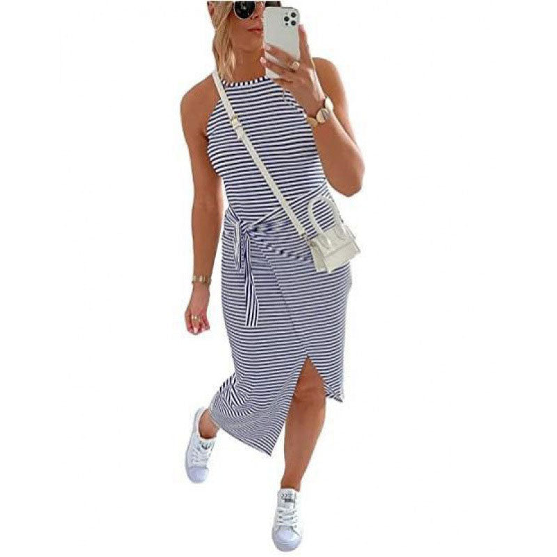 Striped Sleeveless Halterneck Dress