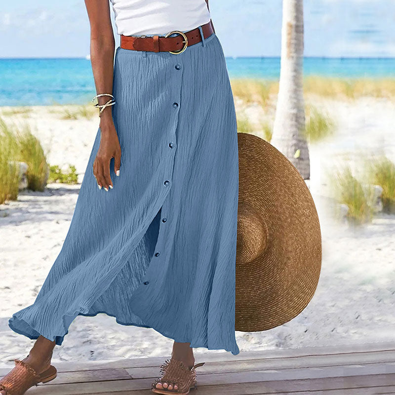Women's Cotton Linen Pleated Midi Skirt