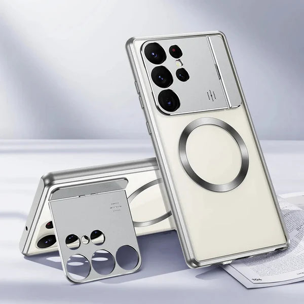 Metallrahmen, zusammenklappbarer Objektivhalter mit Schloss, magnetisches Aufladen, transparente Handyhülle für Samsung