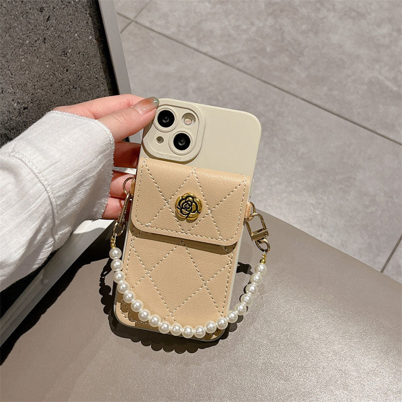 Camellia Pearl Chain Card Holder Phone Case