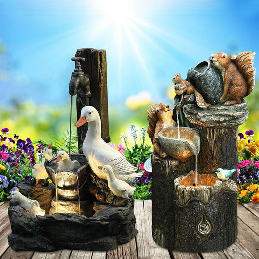 Garden Water Fountain Statue,Solar Duck & Squirrel Statue