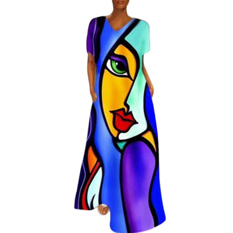 Portrait Print V-Neck Maxi Dress
