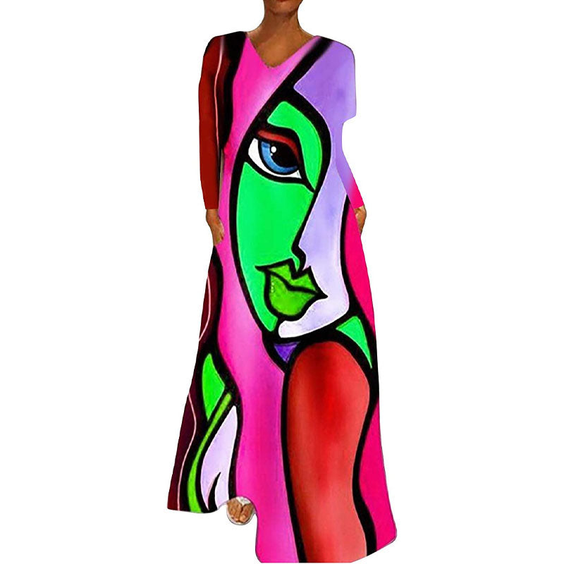 Portrait Print V-Neck Maxi Dress