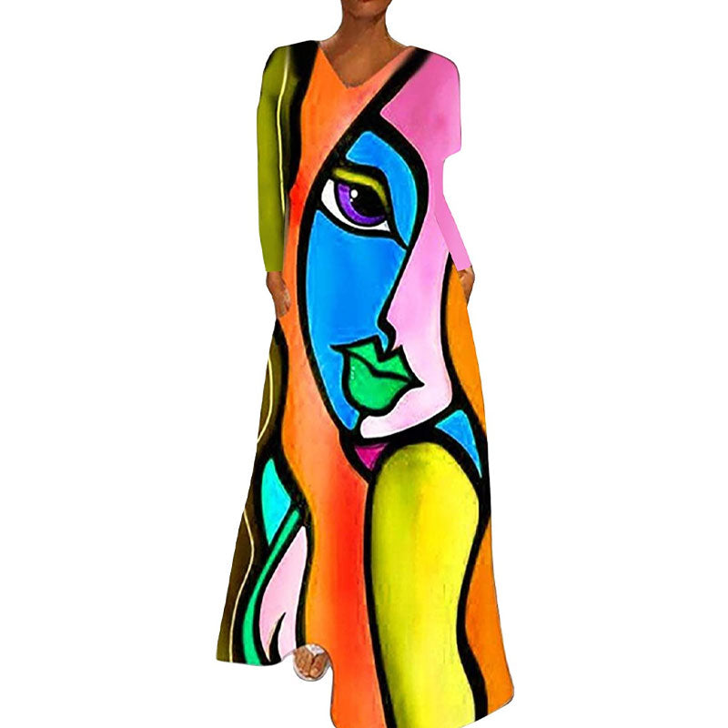 Portrait Print V-Neck Maxi Dress